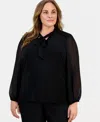 Anne Klein Plus Size Tie-neck Blouson-sleeve Top In Black