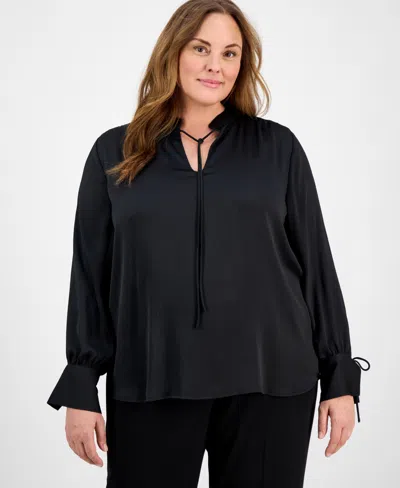 Anne Klein Plus Size Tie-neck Stand-collar Blouse In Anne Black