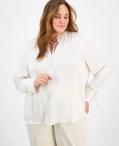Anne Klein Plus Size Tie-neck Stand-collar Blouse In White Dove