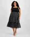 Anne Klein Plus Size Tie-strap Polka-dot Midi Dress In Black White