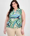 Anne Klein Abstract Print Triple Pleat Sleeveless Top In Green