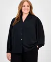 Anne Klein Plus Size V-neck Button-down Top In Black