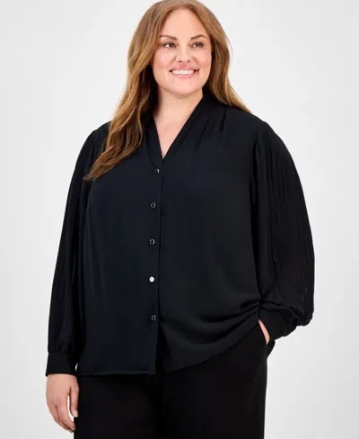 Anne Klein Plus Size V-neck Button-down Top In Black