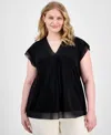 Anne Klein Plus Size V-neck Mixed-media Box-pleat Top In Anne Black