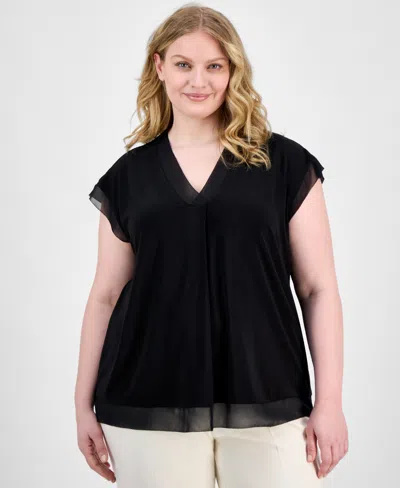 Anne Klein Plus Size V-neck Mixed-media Box-pleat Top In Anne Black
