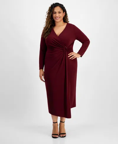 Anne Klein Plus Size V-neck O-ring Side-ruched Dress In Syrah Red