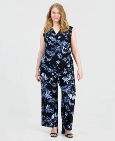 Anne Klein Plus Size V Neck Side Tie Wrap Top High Rise Wide Leg Pull On Pants In Black