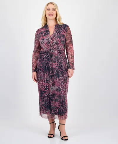 Anne Klein Plus Size V-neck Twist-front Midi Dress In Multi