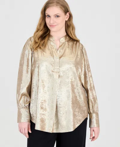 Anne Klein Plus Size V-neck Pleat-front Long-sleeve Blouse In Multi