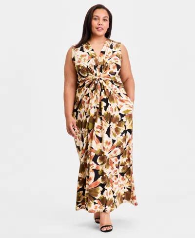 Anne Klein Plus Size V-neck Twist-front Maxi Dress In Multi