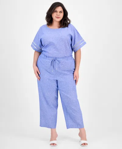 Anne Klein Plus Size Wide-leg High-rise Pants In Santorini Blue,bright White