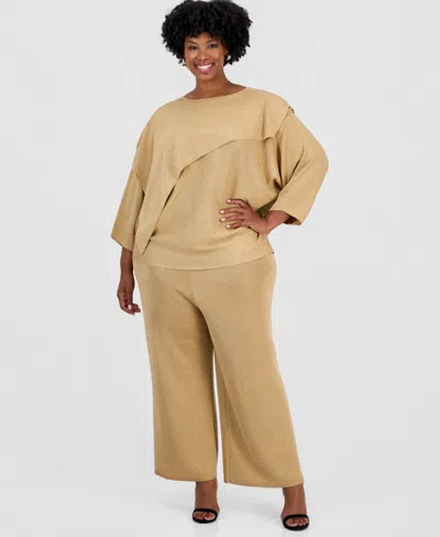 Anne Klein Plus Size Wide-leg Pull-on Lurex Pants In Neutral
