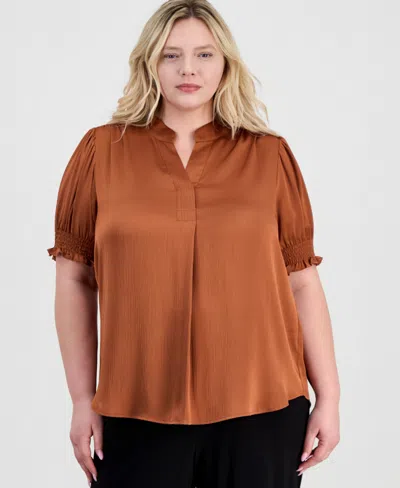 Anne Klein Plus Size Y-neck Short Puff Sleeve Blouse In Black