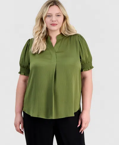 Anne Klein Plus Size Y-neck Short Puff Sleeve Blouse In Gray