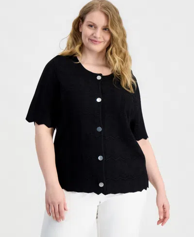 Anne Klein Plus Size Zigzag Short-sleeve Cardigan Sweater In Black