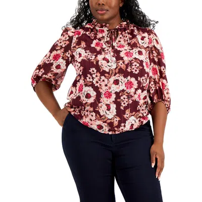 Anne Klein Plus Tulla Womens Floral Print Ruffled Blouse In Burgundy