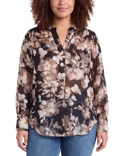 Anne Klein Plus V-neck Printed Satin Top In Blue