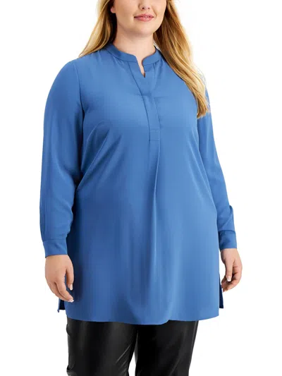 Anne Klein Plus Womens Button Down Mandarin Collar Blouse In Blue