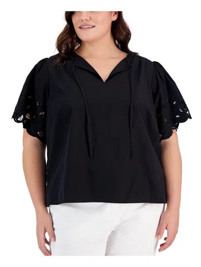Anne Klein Plus Womens Embroidered Cotton Blouse In Black