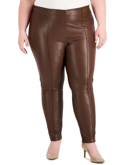 Anne Klein Plus Womens Faux Leather Mid Rise Skinny Pants In Brown