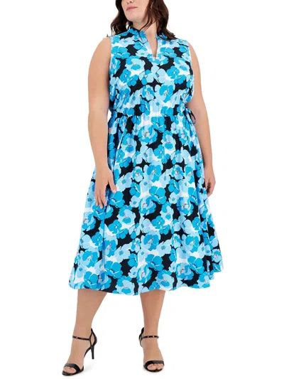 Anne Klein Plus Womens Floral Print Fit & Flare Dress In Blue