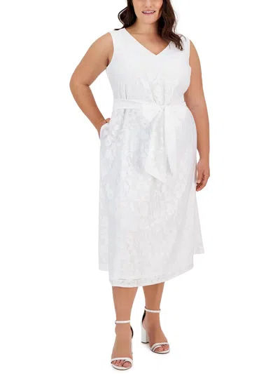 Anne Klein Plus Womens Floral Print Polyester Midi Dress In White