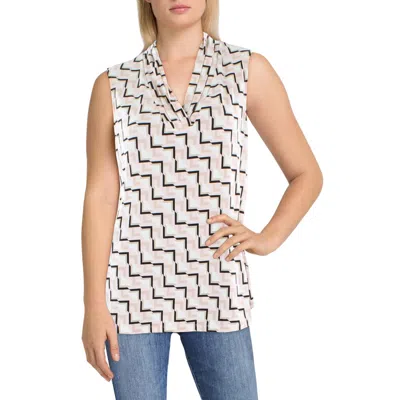 Anne Klein Plus Womens Pleated Neck Geometric Print Blouse In White