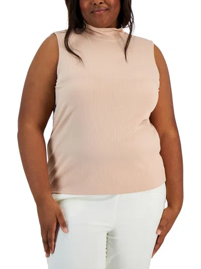 Anne Klein Plus Womens Ribbed Mock Neck Pullover Top In Beige