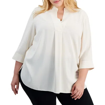 Anne Klein Plus Womens Solid Chiffon Blouse In Beige