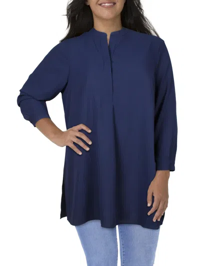 Anne Klein Plus Womens Split Hem V-neck Tunic Top In Blue