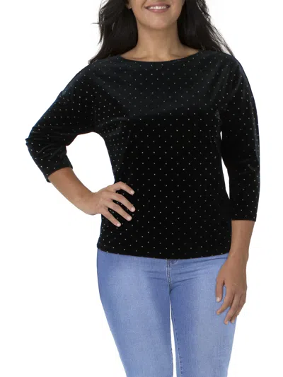 Anne Klein Plus Womens Velour Dotted Blouse In Black