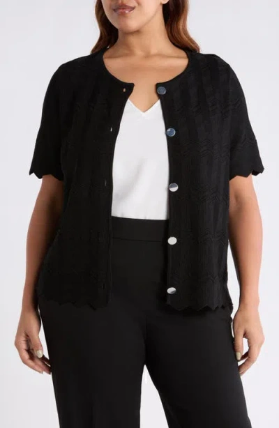 Anne Klein Pointelle Short Sleeve Cardigan In Black