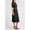 Anne Klein Polka Dot Mock Neck Cotton Blend Dress In Black