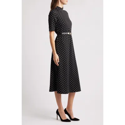 Anne Klein Polka Dot Mock Neck Cotton Blend Dress In Black