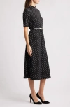 Anne Klein Polka Dot Mock Neck Cotton Blend Dress In Anne Black/white Dove