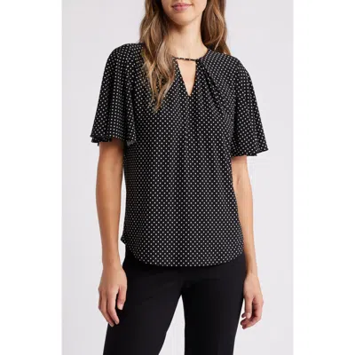 Anne Klein Polka Dot Pleat Neck Top In Black