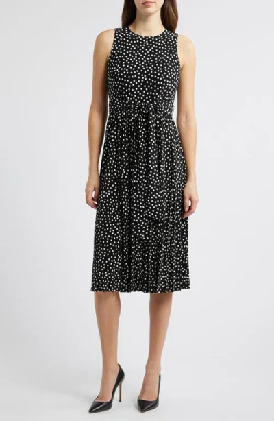 Anne Klein Polka Dot Pleat Skirt Midi Dress In Anne Black/white Dove