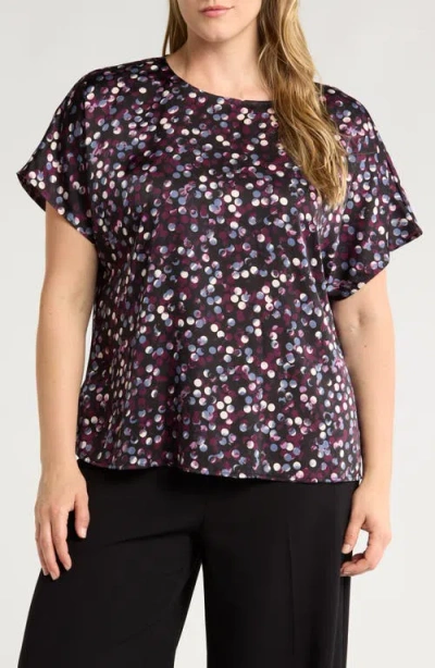 Anne Klein Polka Dot Short Sleeve Top In Anne Black/deep Plum Multi