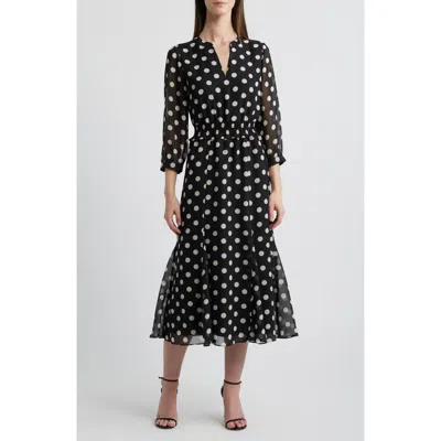Anne Klein Polka Dot Smocked Waist Midi Dress In Anne Black/anne White (6nt)