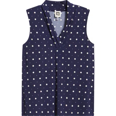 Anne Klein Polka Dot Triple Pleat Sleeveless Top In Blue