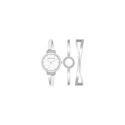 Anne Klein Premium Crystal Accented Bangle Watch And Bracelet Set In Metallic