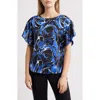 Anne Klein Abstract Floral Flutter Sleeve Top In Santorini Blue/brt Wht