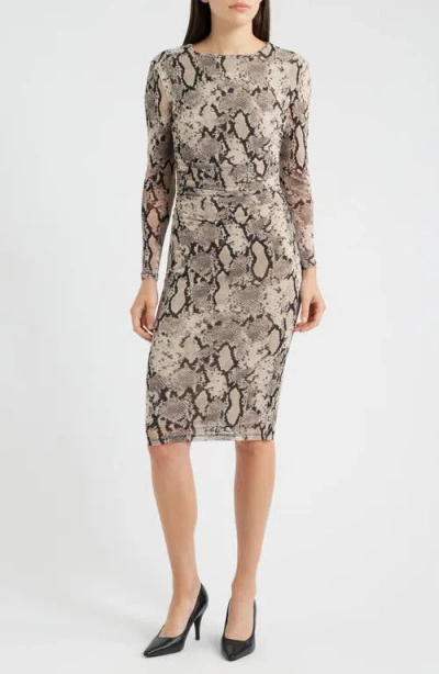 Anne Klein Womens Snake Print Shirred Waist Long Sleeve Midi Dress In Animal Print