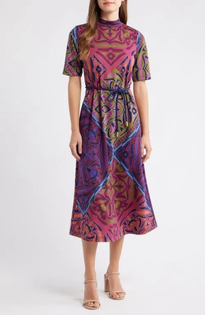 Anne Klein Print Mock Neck Midi Dress In Multi