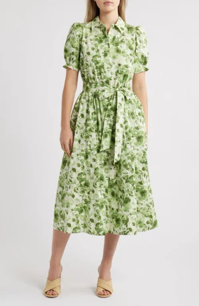 Anne Klein Print Puff Sleeve Tie Waist Midi Shirtdress In Meadow Green Multi