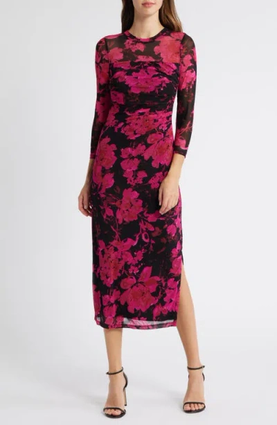 Anne Klein Print Ruched Mesh Midi Dress In Black