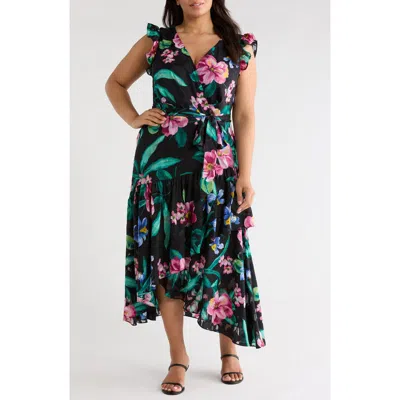 Anne Klein Print Ruffle High-low Faux Wrap Maxi Dress In Multi