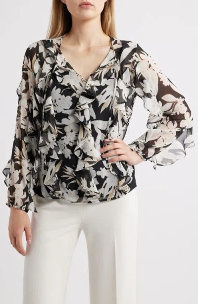 Anne Klein Print Ruffle Tie Neck Top In Anne Black Multi