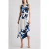 Anne Klein Print Sleeveless Asymmetric Midi Dress In Bright White Multi