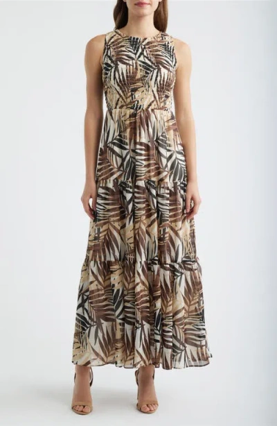 Anne Klein Print Smocked Bodice Sleeveless Maxi Dress In Multi